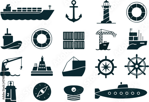 Collection of vector icons representing sea transportation and maritime navigation elements