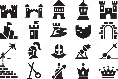 Medieval fortress and knight elements black silhouette illustrations isolated on white background