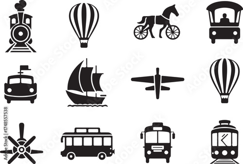 Vector collection of various transportation modes including trains, airplanes, and buses