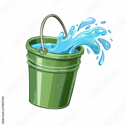 Hand Drawn Green Bucket Tipping Over With Light Blue Water Splashing Outward