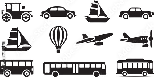 Vector icons representing various modes of transportation suitable for design purposes