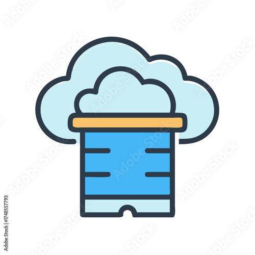 A blue server tower nestled beneath a cloud symbolizes cloud computing technology