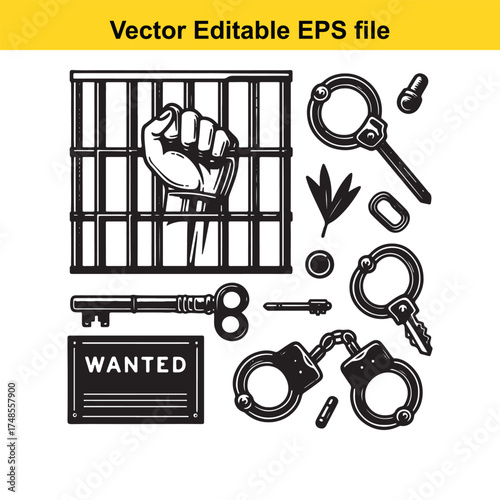 Vector art of fist breaking through prison bars with handcuffs, key, and wanted poster