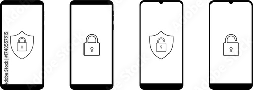 Four smartphones displaying lock icons isolated on white background.