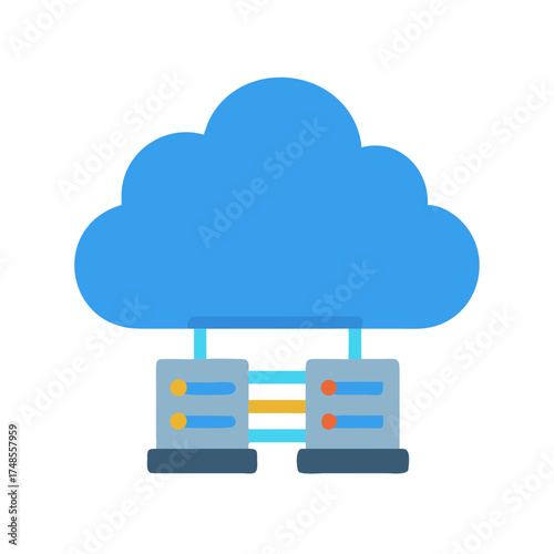 Cloud computing server infrastructure graphic, showcasing data transfer and storage solutions