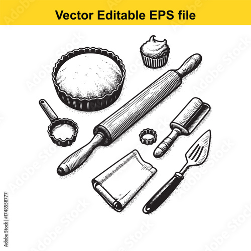 Vector art of baking tools and ingredients including a pie crust, rolling pin, cupcake, and pastry cutters