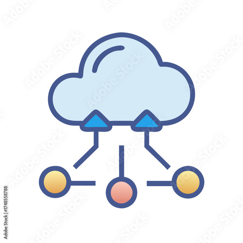 Cloud computing network connection graphic representation showing data transfer and processing across devices