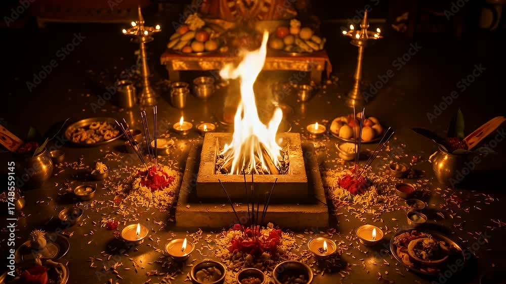 Sacred Fire Ritual in India with Flowers and Oil Lamps Offering Intense ...