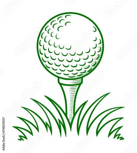 A simple green line drawing of a golf ball on a tee, surrounded by grass