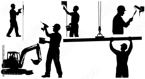 Silhouette of construction workers performing various tasks, including drilling, painting, and lifting materials.