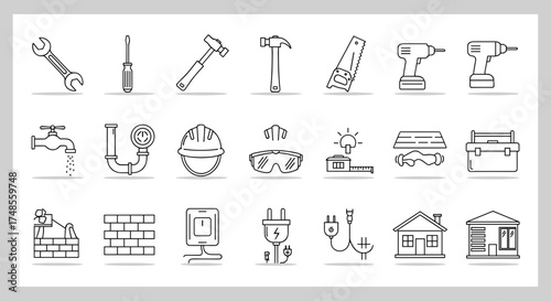 Set of construction and repair icons in outline style.