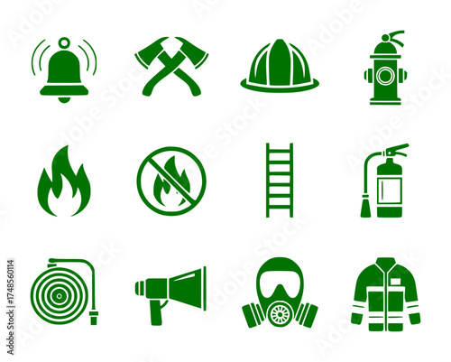 Firefighter Equipment and Safety Icons Set