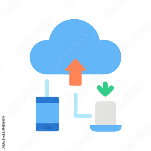 Cloud storage and data transfer icon showing connection between devices and database