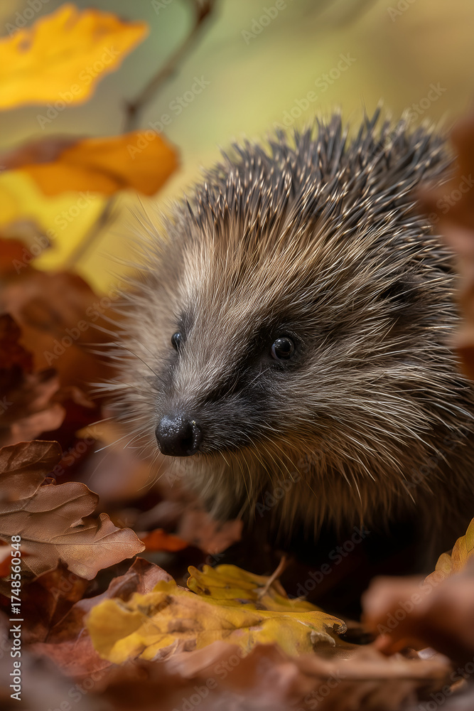 Fototapeta premium An adorable hedgehog surrounded by colorful autumn leaves, enjoying the season's beauty. Nature's charming creature captured in a forest.