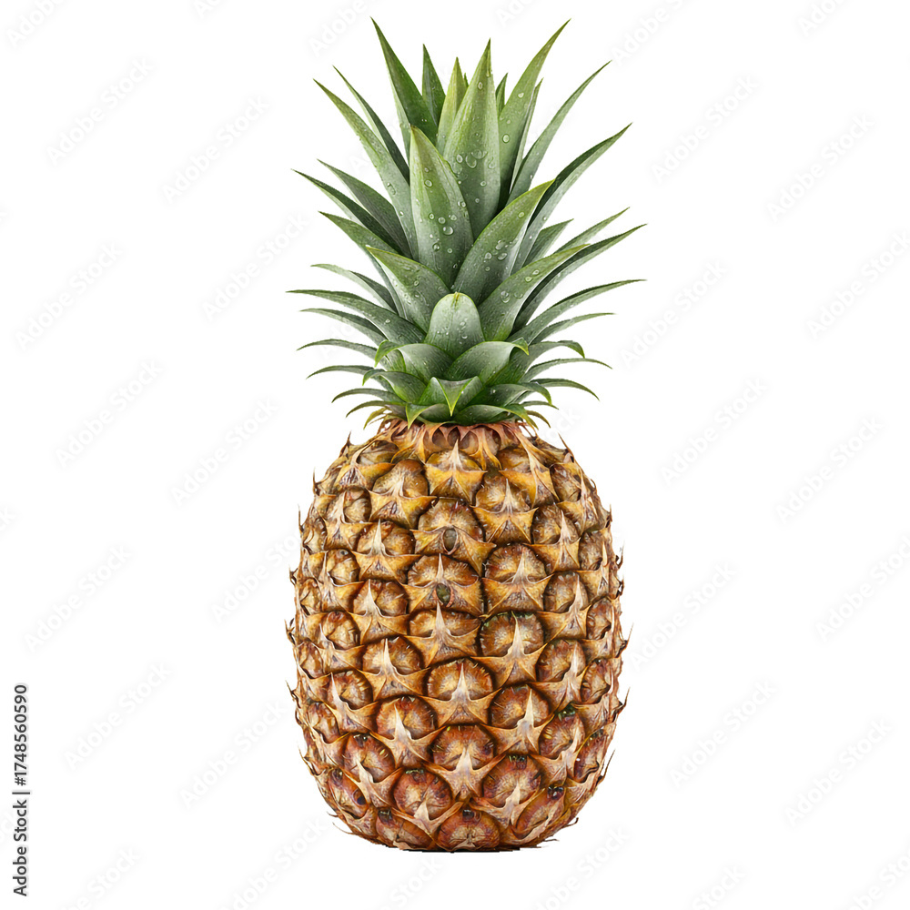 Fototapeta premium Overripe pineapple fruit with dull, browning skin, soft or bruised spots, wilted green spiky leaves, and water droplets. Close-up view, realistic style, isolated on transparent background, PNG format.