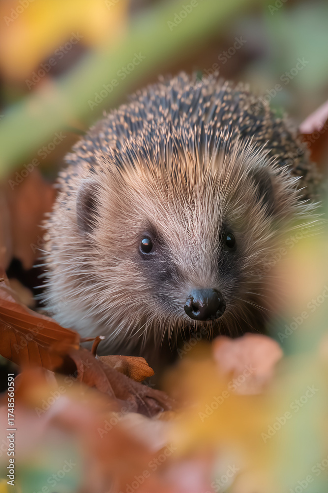 Fototapeta premium A charming hedgehog nestled amongst colorful autumn leaves, its dark eyes and snout peeking out inquisitively from the foliage.