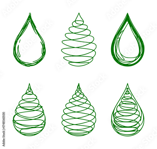 Six green water drop icons with varying line art styles