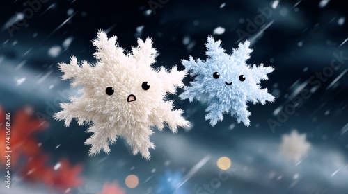 Two snowflakes are flying in the air, one is white and the other is blue. Scene is cheerful and playful, as the snowflakes are depicted as cute and happy