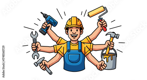 A cartoon handyman with multiple arms holding various tools, representing versatility and skill in construction.