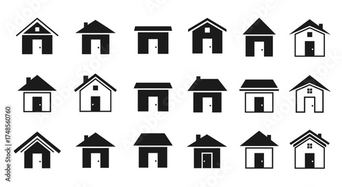 A collection of eighteen simple black house icons with various roof designs, isolated on a white background.
