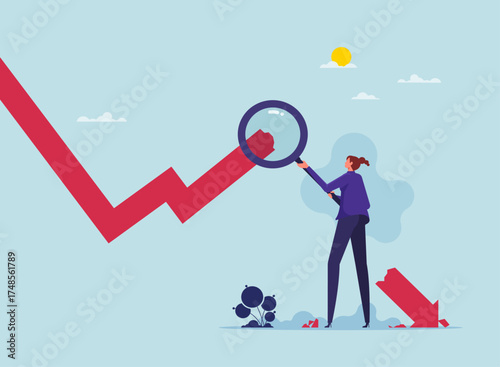 Learning from mistakes concept, analyze the crash in the stock market crash, learn from investment failure mistakes, businessman holding a magnifying glass to find the cause of the stock chart fall
