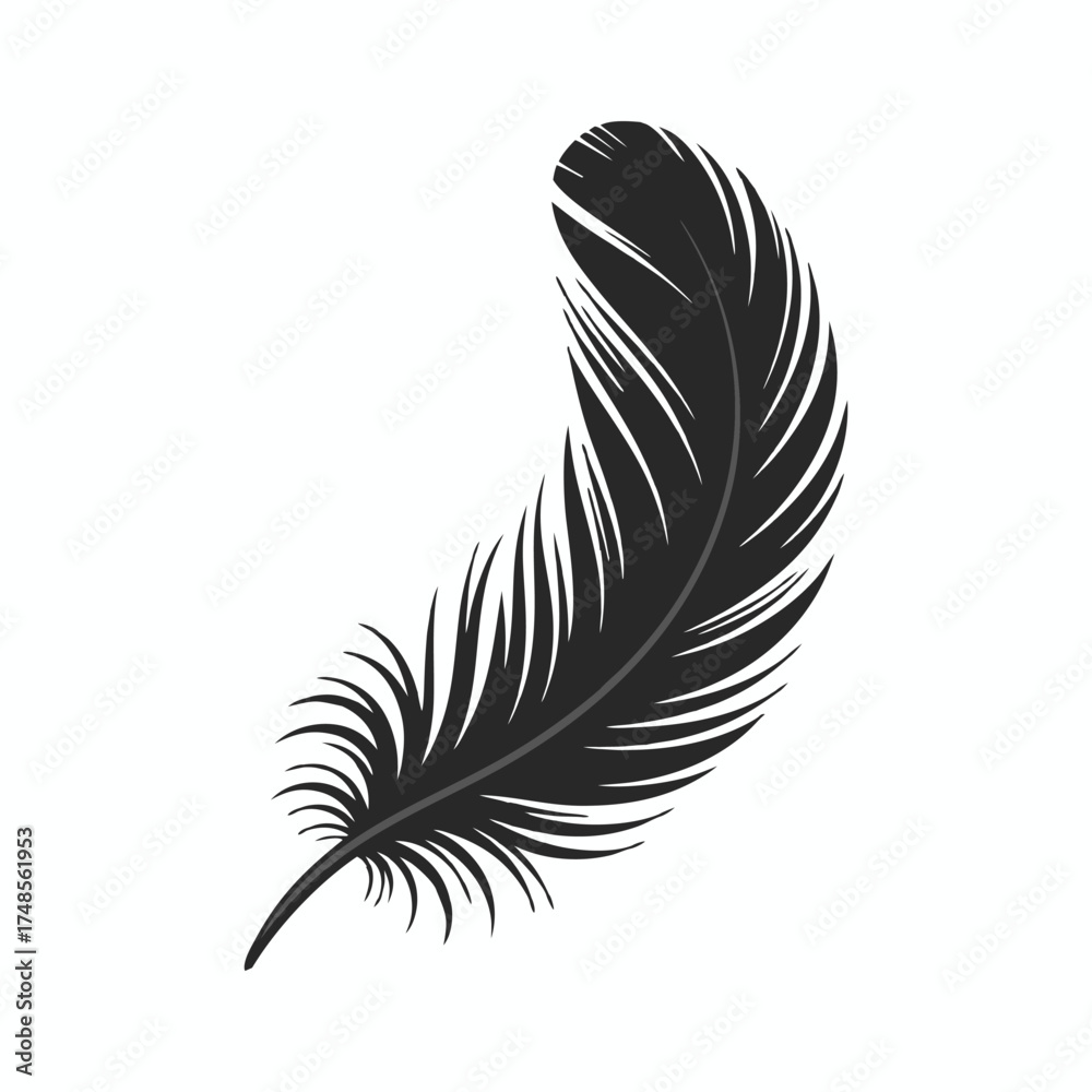 Obraz premium Elegant Black Feather Design with Intricate Details in a Curving, Feather-like Shape Against White