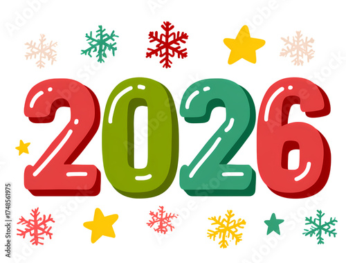 Cheerful colorful 2026 new year design stars and snowflakes on black background festive illustration