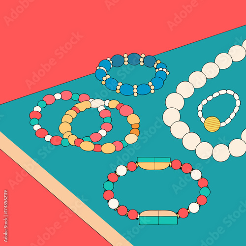 Colorful beaded bracelets and necklaces on turquoise and coral background in modern flat design style representing handmade jewelry, fashion accessories, creativity, and personal style illustration