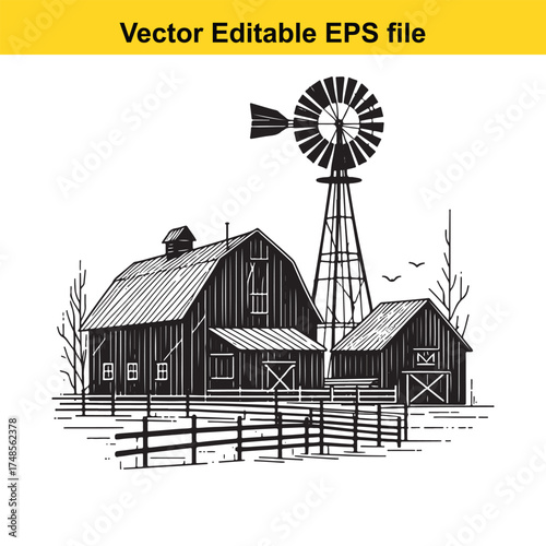 Vector art of vintage barn and windmill illustration, representing rural life and agriculture, with a wooden fence in the foreground