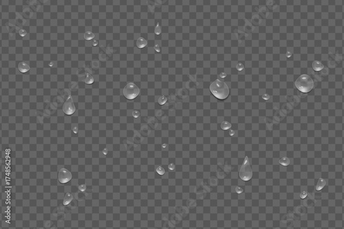 Realistic water drops, fresh aqua drips, clean dew droplets on transparent background.