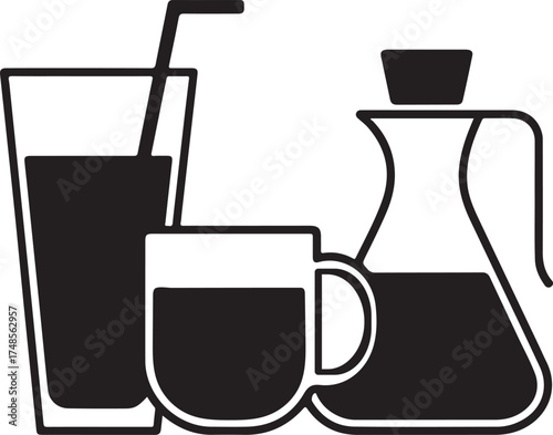 Black and white graphic of a tall glass with a straw a mug and a carafe filled with liquid