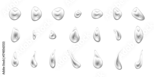 Realistic water drops collection. Raindrop set on transparent background. Various dew shapes and sizes of pure aqua elements.