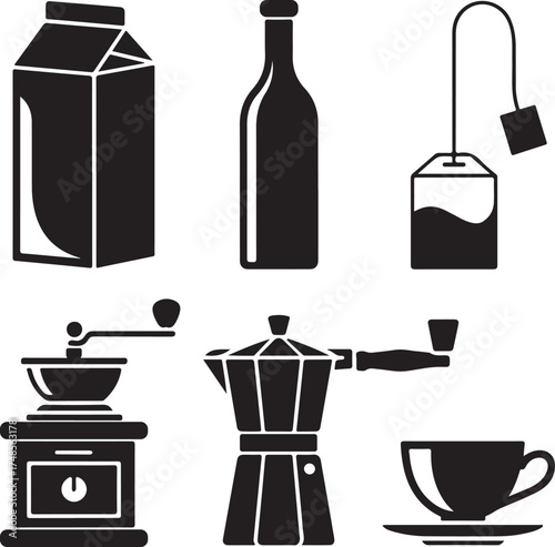 Black Silhouette Icons Of Coffee And Tea Making Ingredients And Equipment milk bottle