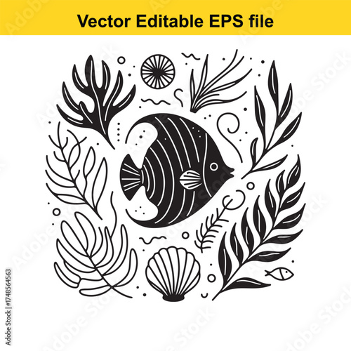 Vector art of artistic black and white illustration of a central angelfish surrounded by aquatic plants and seashells, presented on a, ideal for artistic and decorative purposes