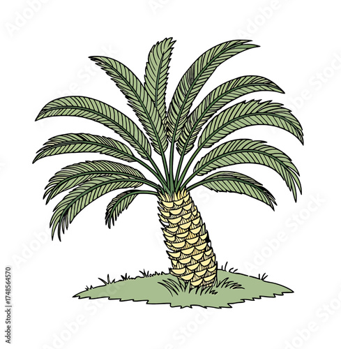 Stylized illustration of a lone palm tree on a grassy mound, evoking tropical vibes.