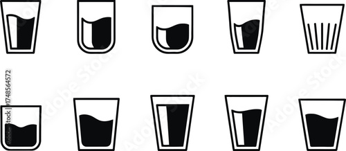 glass, cup, drink, beverage, water, liquid, container, outline, icon, set, collection, variety, different, simple, graphic, design, transparent, juice, alcohol, shot, tumbler, highball, old fashioned