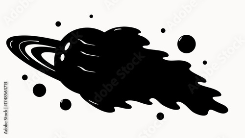 Black and white illustration of a planet with rings and a comet tail surrounded by smaller spheres