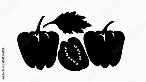 Silhouette of two peppers and a half pepper with seeds and a leaf on a white background