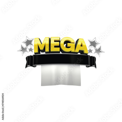 Shiny golden mega text with stars and paper roll emblem for promotions and awards vector