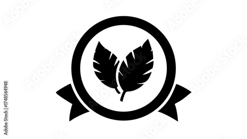 Two leaves inside a circle with a ribbon below suggesting nature or organic products and sustainability