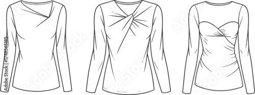 fashion, clothing, apparel, top, shirt, blouse, long sleeve, design, sketch, illustration, technical drawing, garment, style, fashion design, pattern, draped, twisted, ruched, elegant, feminine, outli