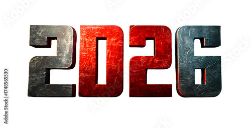 Distressed bold 2026 numerals industrial design isolated on black background represents the future year 2026