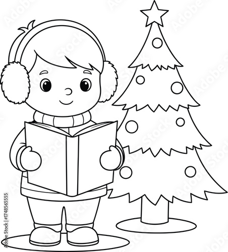 Cute Cartoon Boy Singing Christmas Carols Next to a Christmas Tree - Holiday Coloring Page
