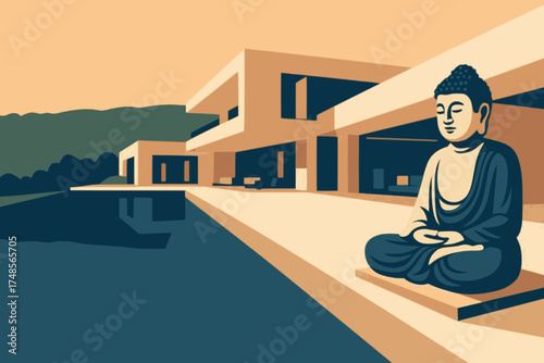 Modern villa with a pool and big buddha statue