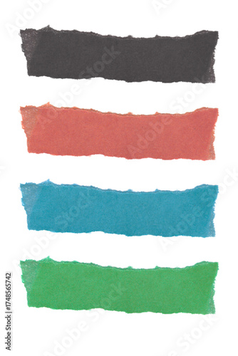 Colorful torn paper strips for creative design projects and vibrant collage elements, adding texture