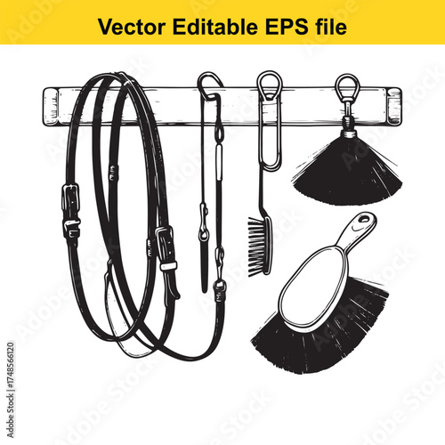 Vector art of equestrian grooming tools including a bridle, brushes, and comb hanging on a wooden rack