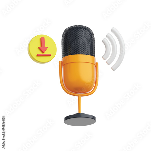 Retro microphone icon with sound waves and download symbol for audio recording and broadcasting vector