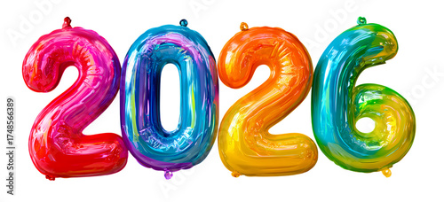 Bright foil balloons forming year 2026 celebration against black backdrop festive and colorful