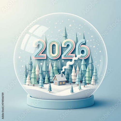Festive snow globe with winter forest, cozy cabin, and colorful 2026 numbers, charming paper craft style Christmas and New Year decoration concept. Vector illustration