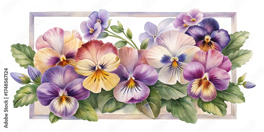 Obraz premium Watercolor Pansies in Rectangular Frame, A Delicate Floral Arrangement